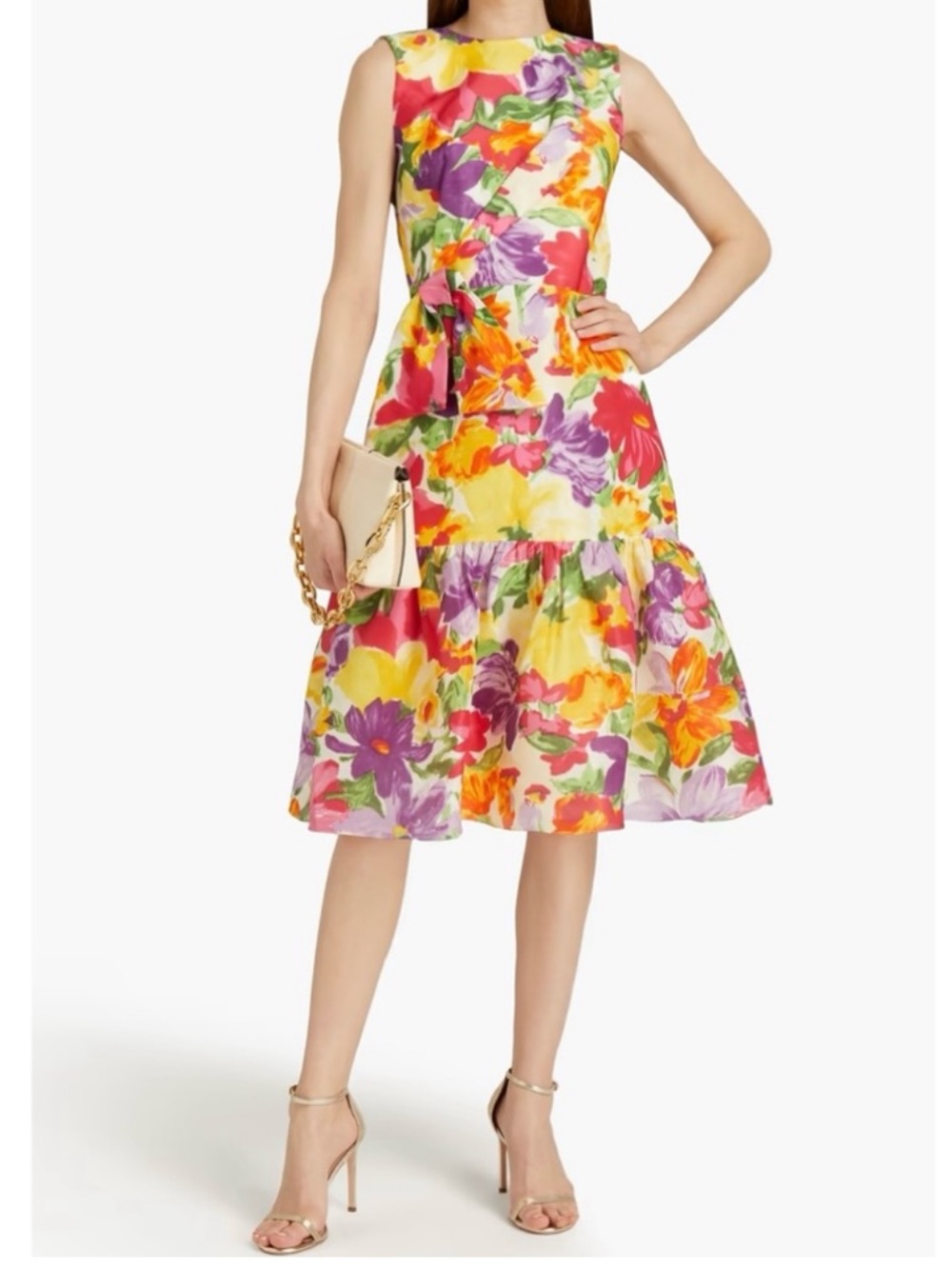 Carolina Herrera Silk Taffeta Flounce Dress Ruffle Hem Knotted Waist Size 16 USA